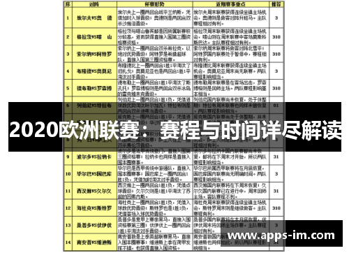 2020欧洲联赛：赛程与时间详尽解读